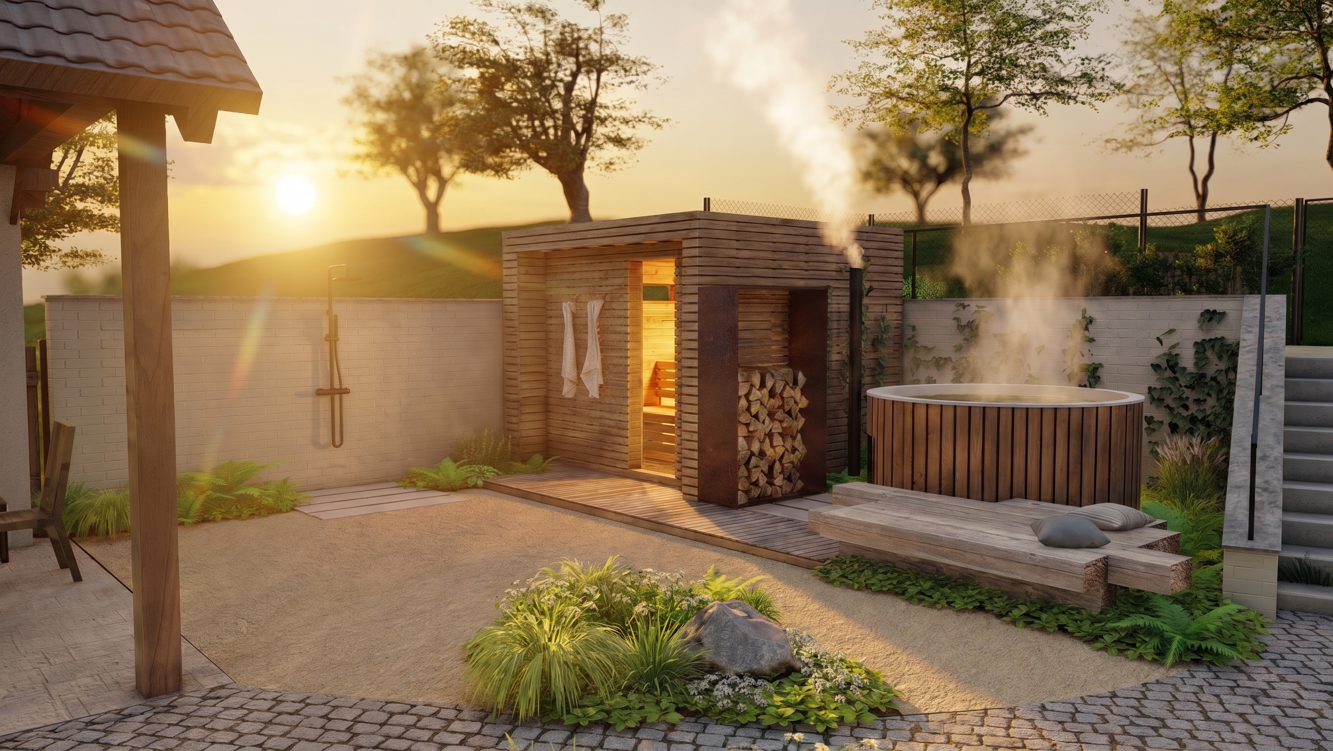 Sauna, koupací sud a březový háj
